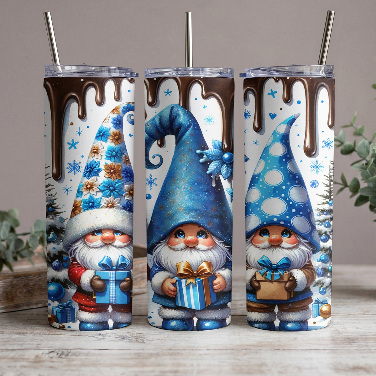 Three gnomes with blue and white hats holding gift boxes, against a chocolate drip background.