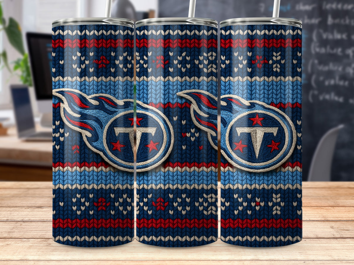 Tennessee Titans logo on a navy blue sweater-patterned tumbler.