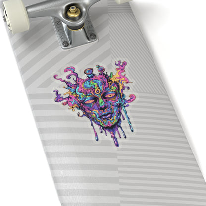 Trippy melting face sticker on a skateboard with silver truck and white wheel.