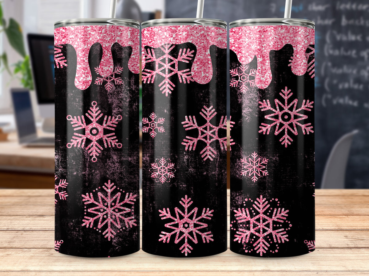 Three tumblers with pink glitter drips and pink snowflakes on a black textured background.