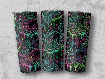 Black tumblers with a Halloween pattern of black cats and spiders on a spiderweb.