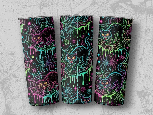 Black tumblers with a Halloween pattern of black cats and spiders on a spiderweb.