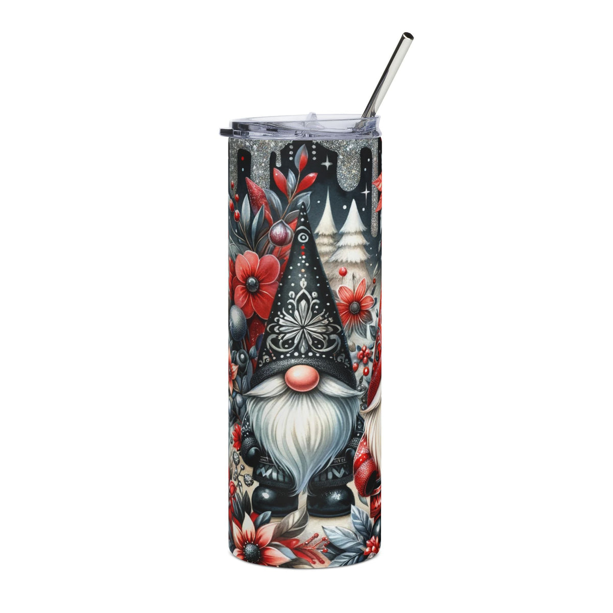 Tumbler with gnome, flowers, and trees design, featuring a metal straw.