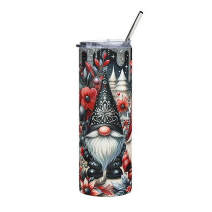 Tumbler with gnome, flowers, and trees design, featuring a metal straw.