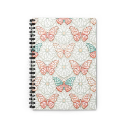 Spiral notebook with repeating pattern of pink and teal butterflies on floral background.