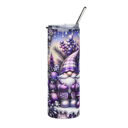 Purple gnome with winter berries and snowflakes on a tumbler with a metal straw.