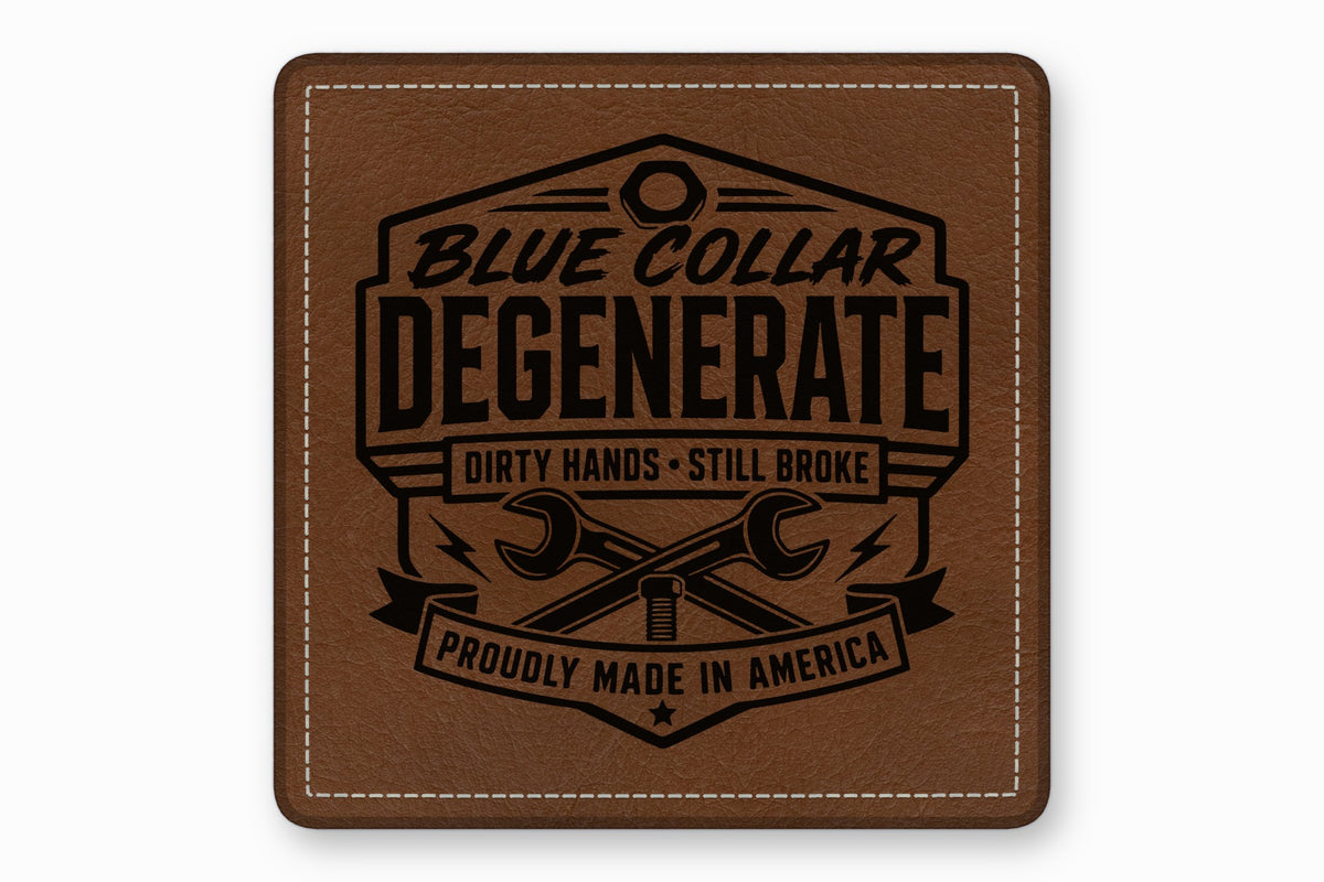 Brown leather patch with rounded corners, white stitching, and a black engraved text design featuring crossed wrenches and the text Blue Collar Degenerate.
