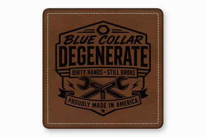 Brown leather patch with rounded corners, white stitching, and a black engraved text design featuring crossed wrenches and the text Blue Collar Degenerate.