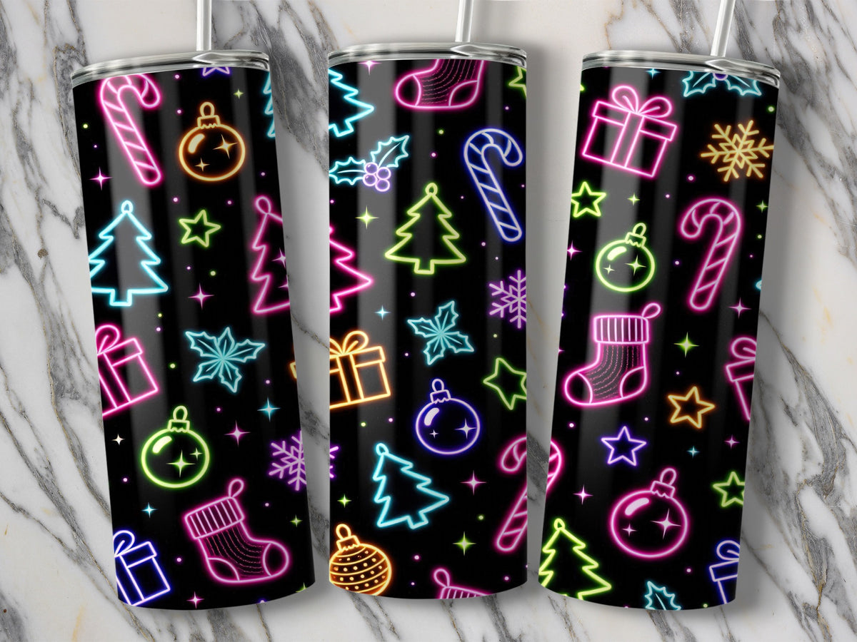 Three tumblers with neon Christmas pattern on black background.