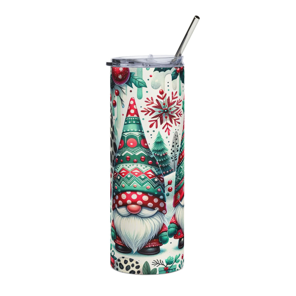 Tumbler with festive gnome and Christmas tree pattern, including a straw.