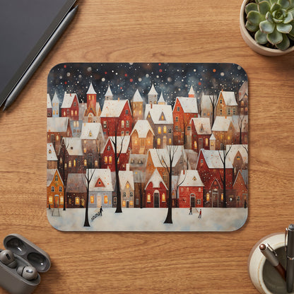 Watercolor illustration of a snowy village with red and white houses at night.