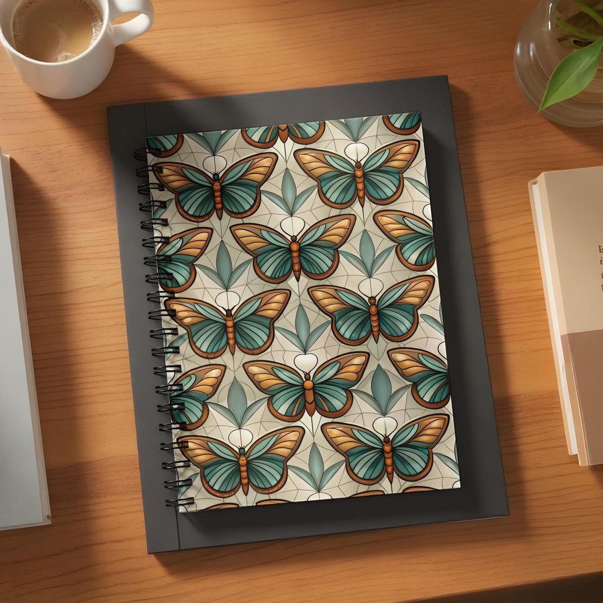 Spiral notebook with a repeating stained-glass butterfly pattern.