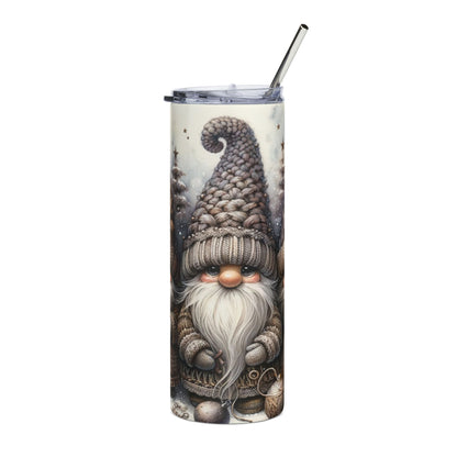 Tall tumbler with a gnome illustration, wearing a knitted hat and sweater.