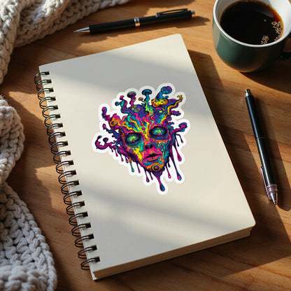 Colorful abstract face sticker on a spiral-bound notebook with pens and coffee.