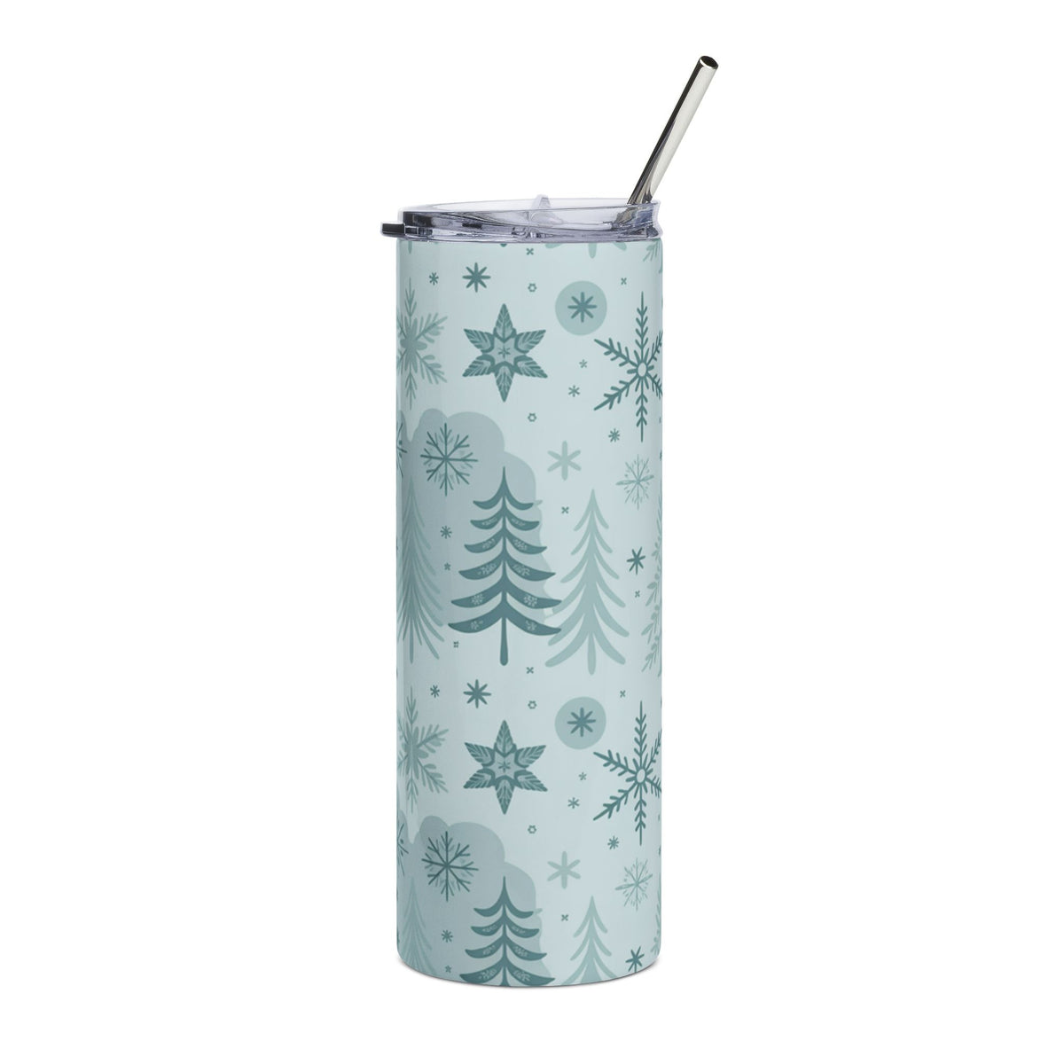 Light blue tumbler with winter trees and snowflakes pattern and metal straw.