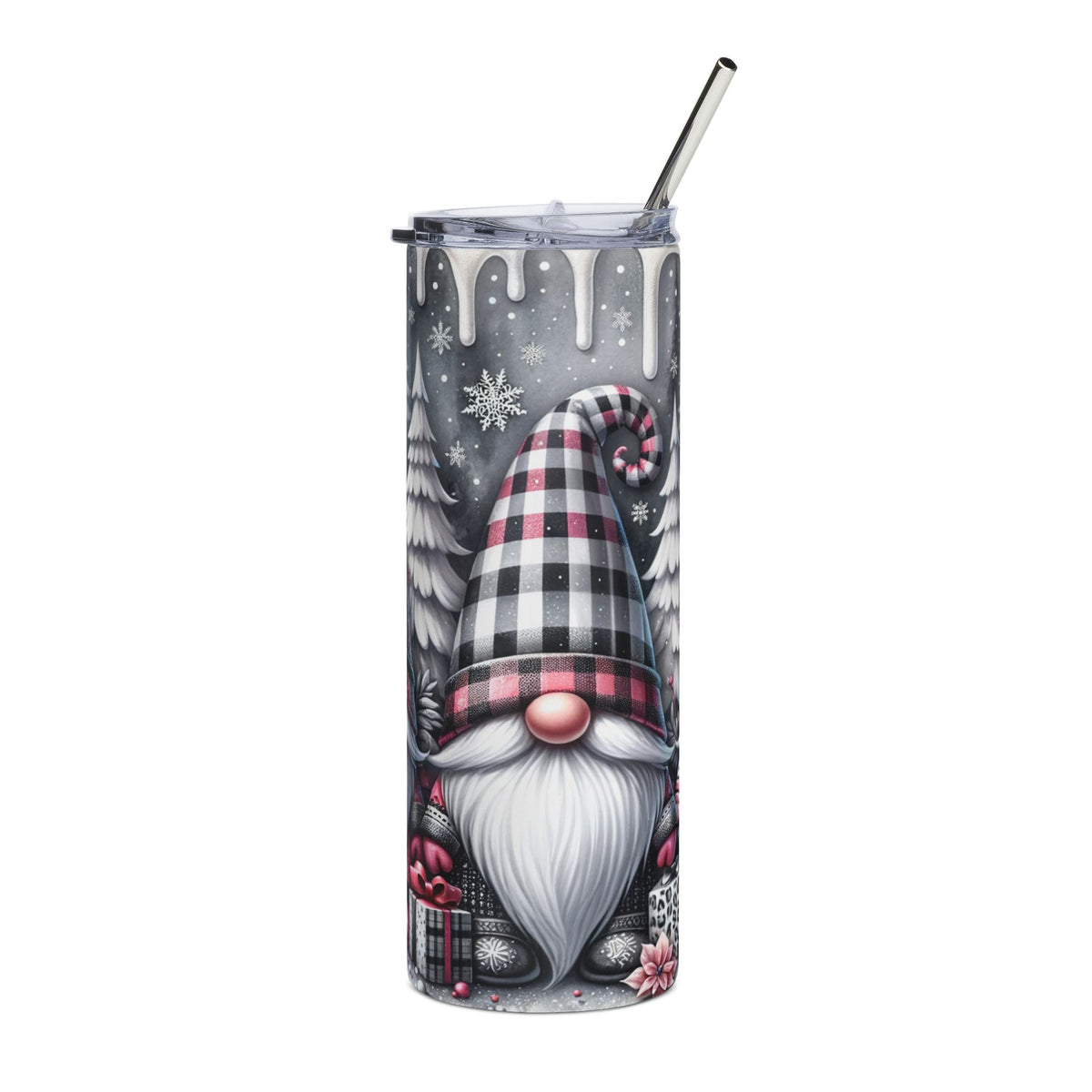 Tumbler with gnome wearing a plaid hat, snowflakes, and gifts, with a metal straw.