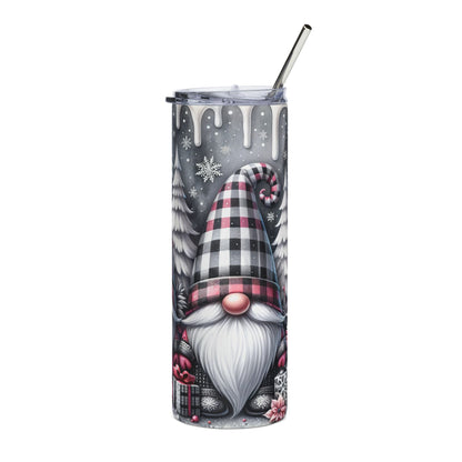 Tumbler with gnome wearing a plaid hat, snowflakes, and gifts, with a metal straw.