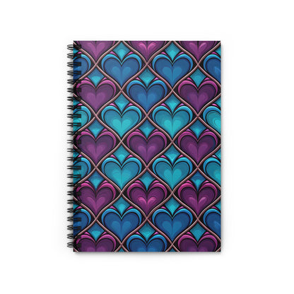 Spiral-bound notebook with a purple and blue heart pattern design.