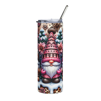 Tumbler with a gnome, snowflakes, and floral winter scene design, featuring a metal straw.