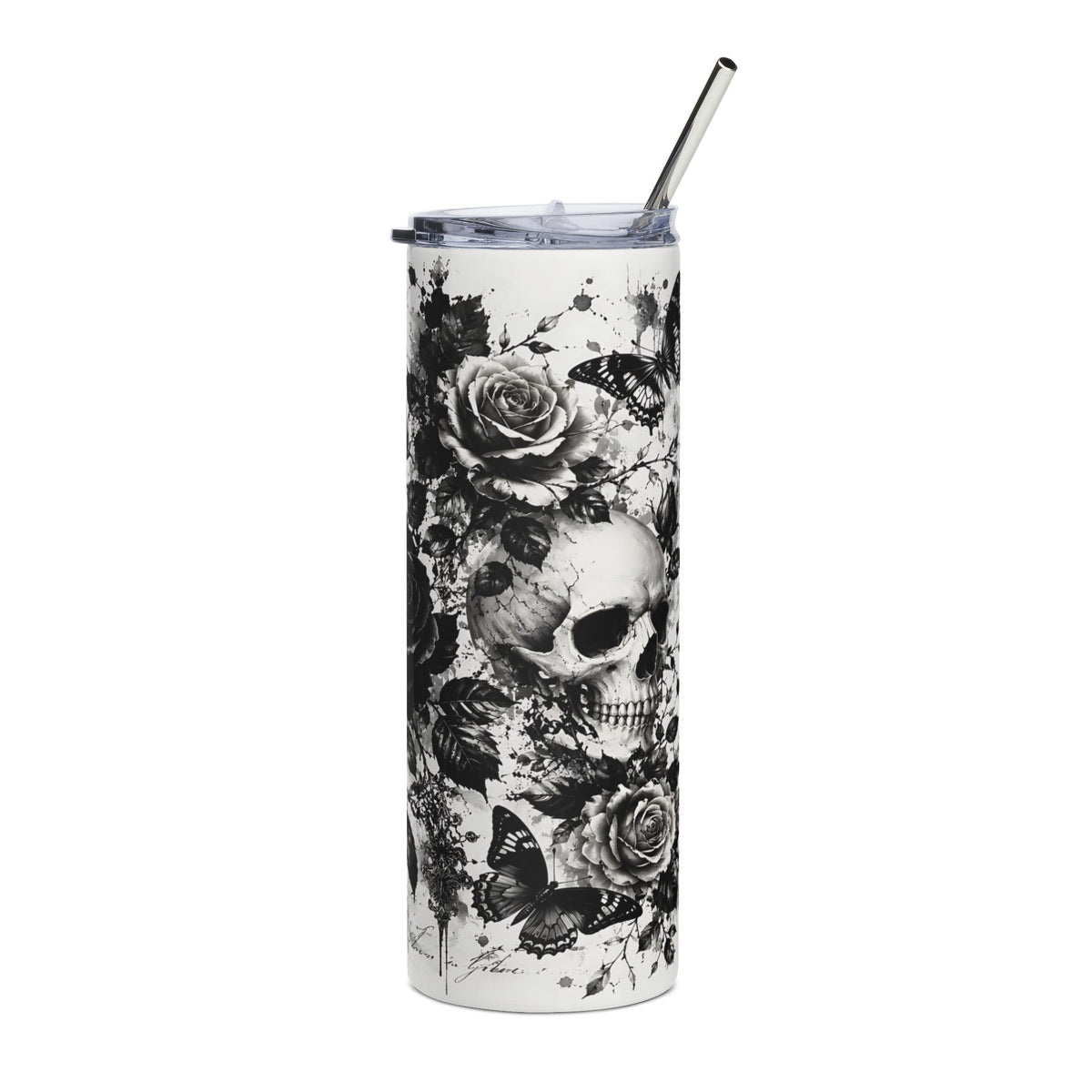White tumbler with skull, roses, and butterflies design and metal straw.
