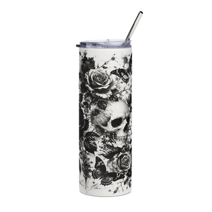 White tumbler with skull, roses, and butterflies design and metal straw.