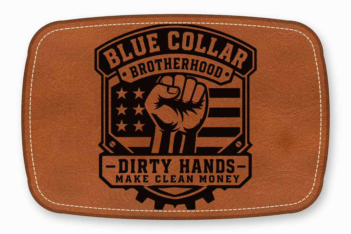 Brown leather patch featuring a raised fist, American flag elements, and the text Blue Collar Brotherhood.