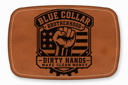 Brown leather patch featuring a raised fist, American flag elements, and the text Blue Collar Brotherhood.