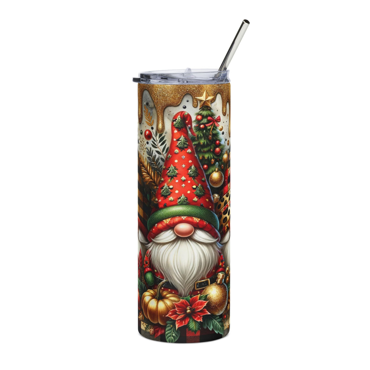 Tumbler with gnome, Christmas tree, pumpkin, and poinsettia holiday design.
