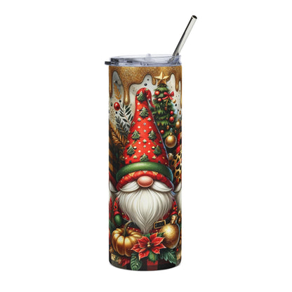 Tumbler with gnome, Christmas tree, pumpkin, and poinsettia holiday design.