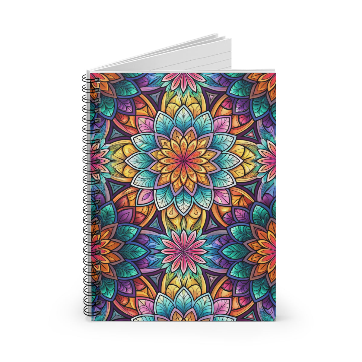 Spiral bound notebook with colorful mandala pattern cover on white background.