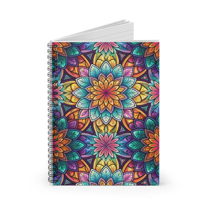 Spiral bound notebook with colorful mandala pattern cover on white background.