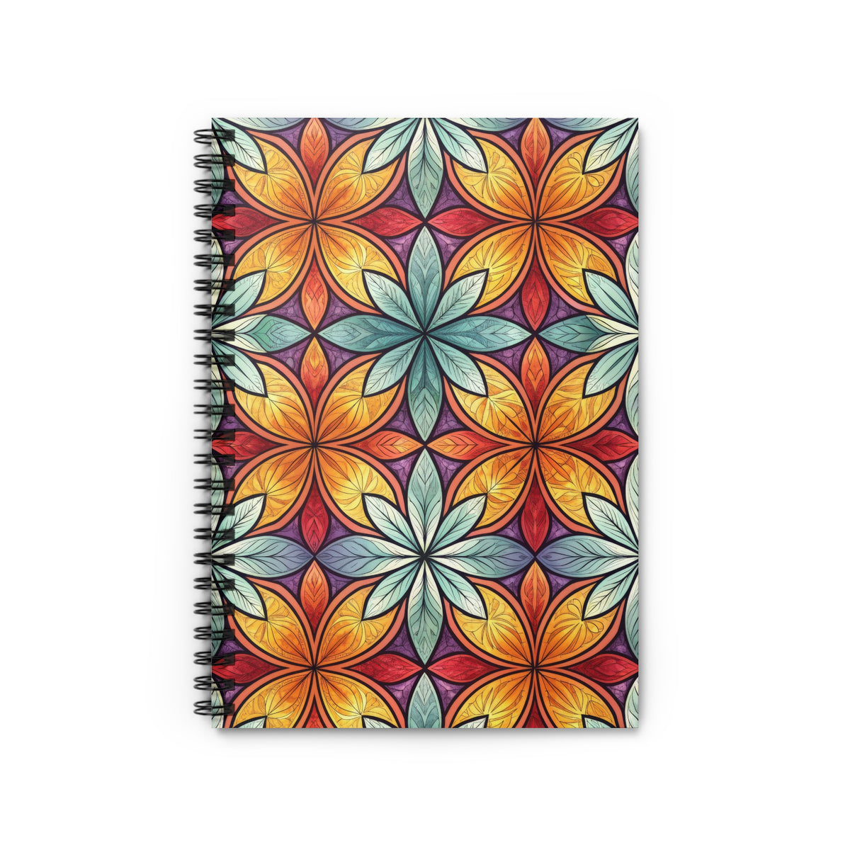 Spiral bound notebook with colorful floral geometric pattern cover.