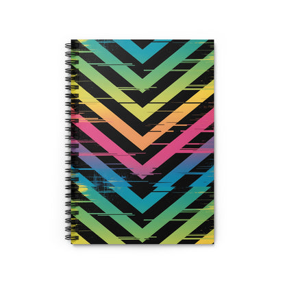 Spiral-bound notebook with a black cover featuring a chevron pattern in a rainbow gradient.