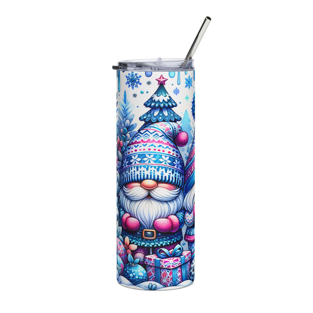 White tumbler with a Christmas gnome, tree, and gift pattern, featuring a metal straw.