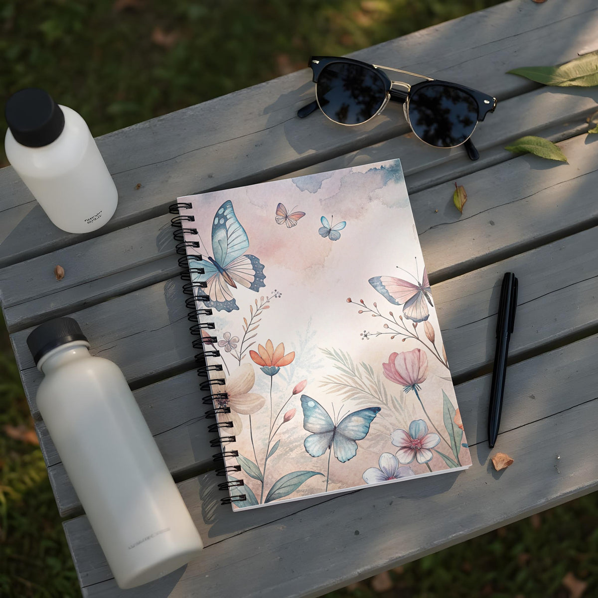 Notebook with watercolor butterflies and floral design, with water bottles and sunglasses.