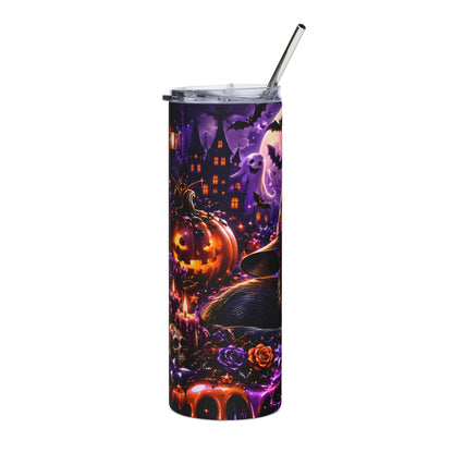 Tumbler with Halloween theme: jack-o'-lantern, ghost, bats, spooky castle, and roses.