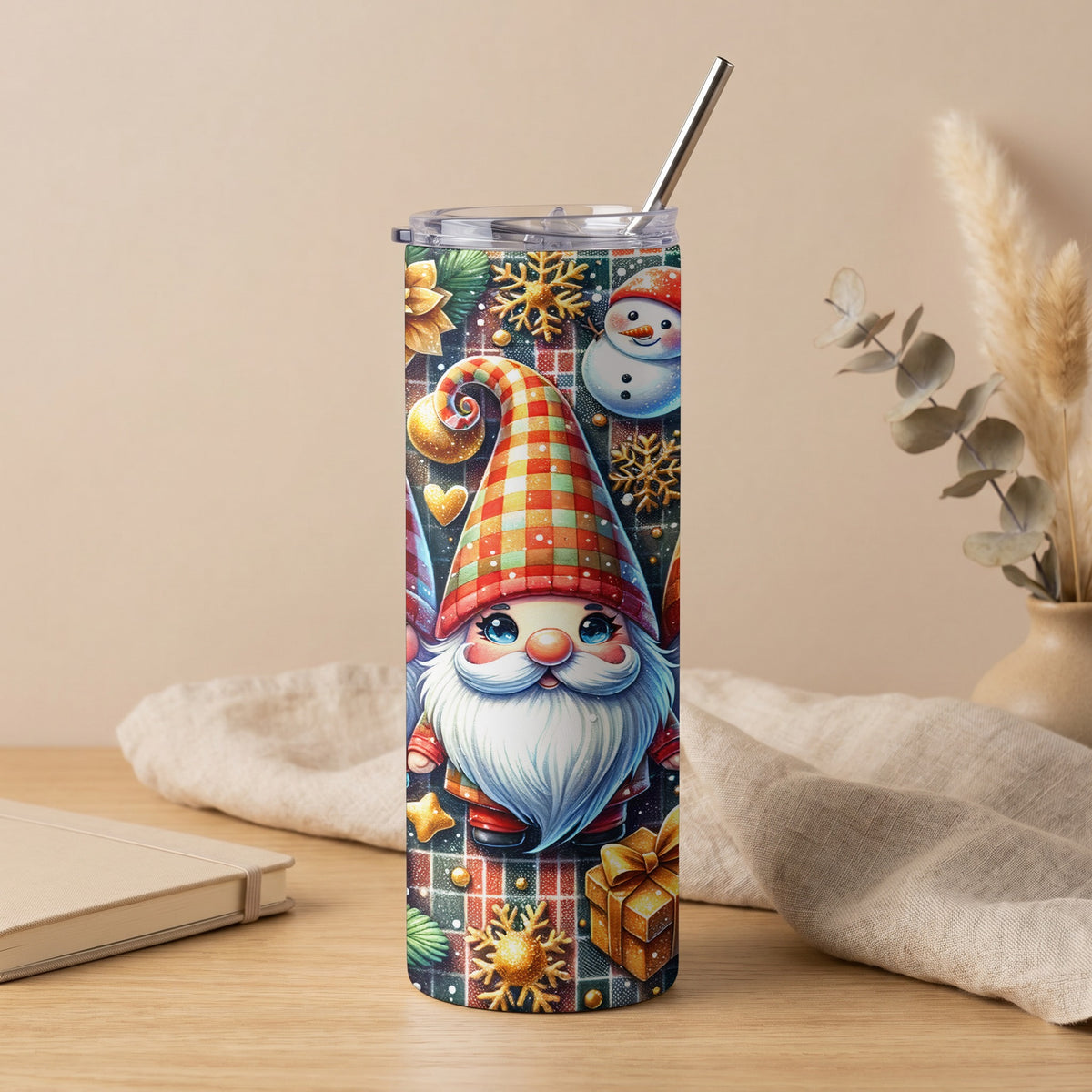 Christmas gnome tumbler with snowflakes, snowman, and gift pattern.