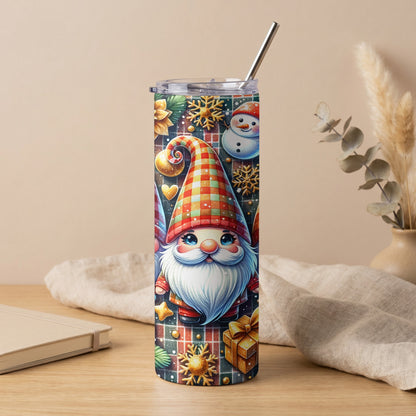 Christmas gnome tumbler with snowflakes, snowman, and gift pattern.