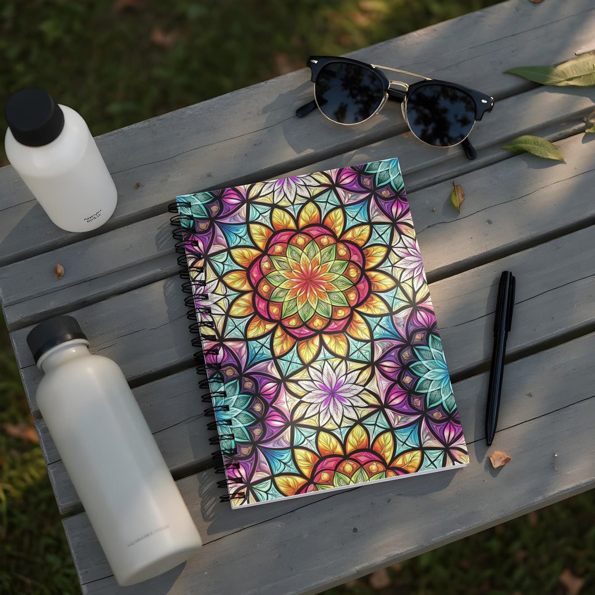 Spiral notebook with colorful mandala design, water bottles, sunglasses, and pen.