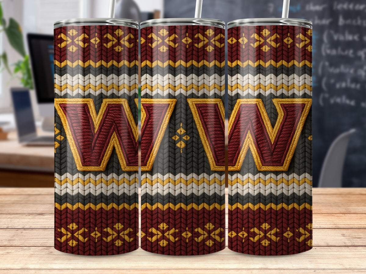 Three tumblers with a burgundy, gold, white, and black knit pattern and the Washington Commanders 'W' logo.