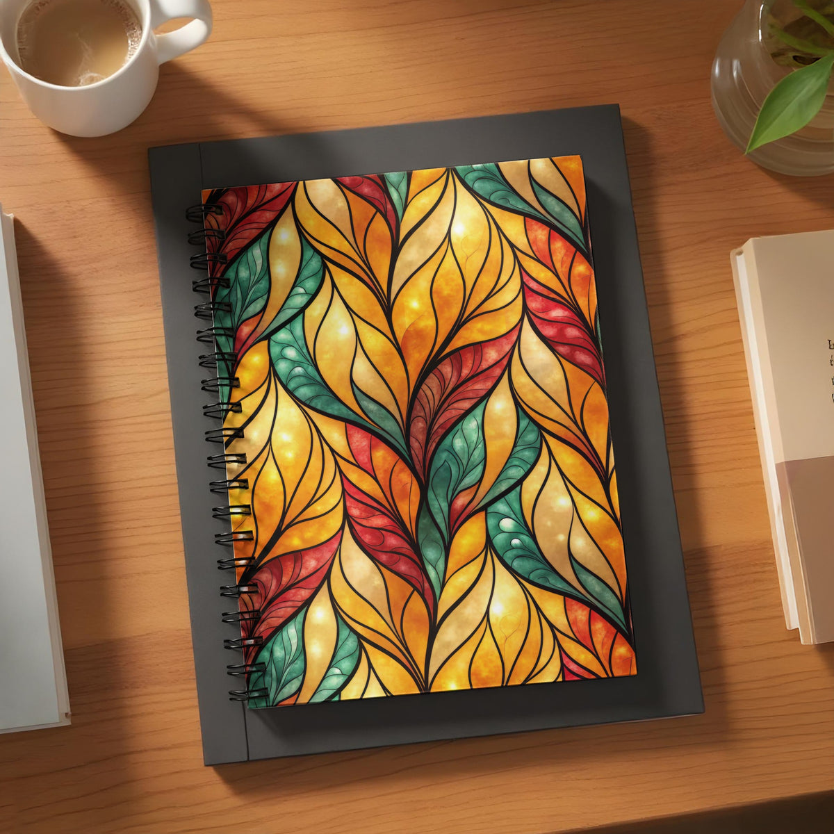 Spiral-bound notebook with stained-glass leaf pattern in yellow, red, and green.