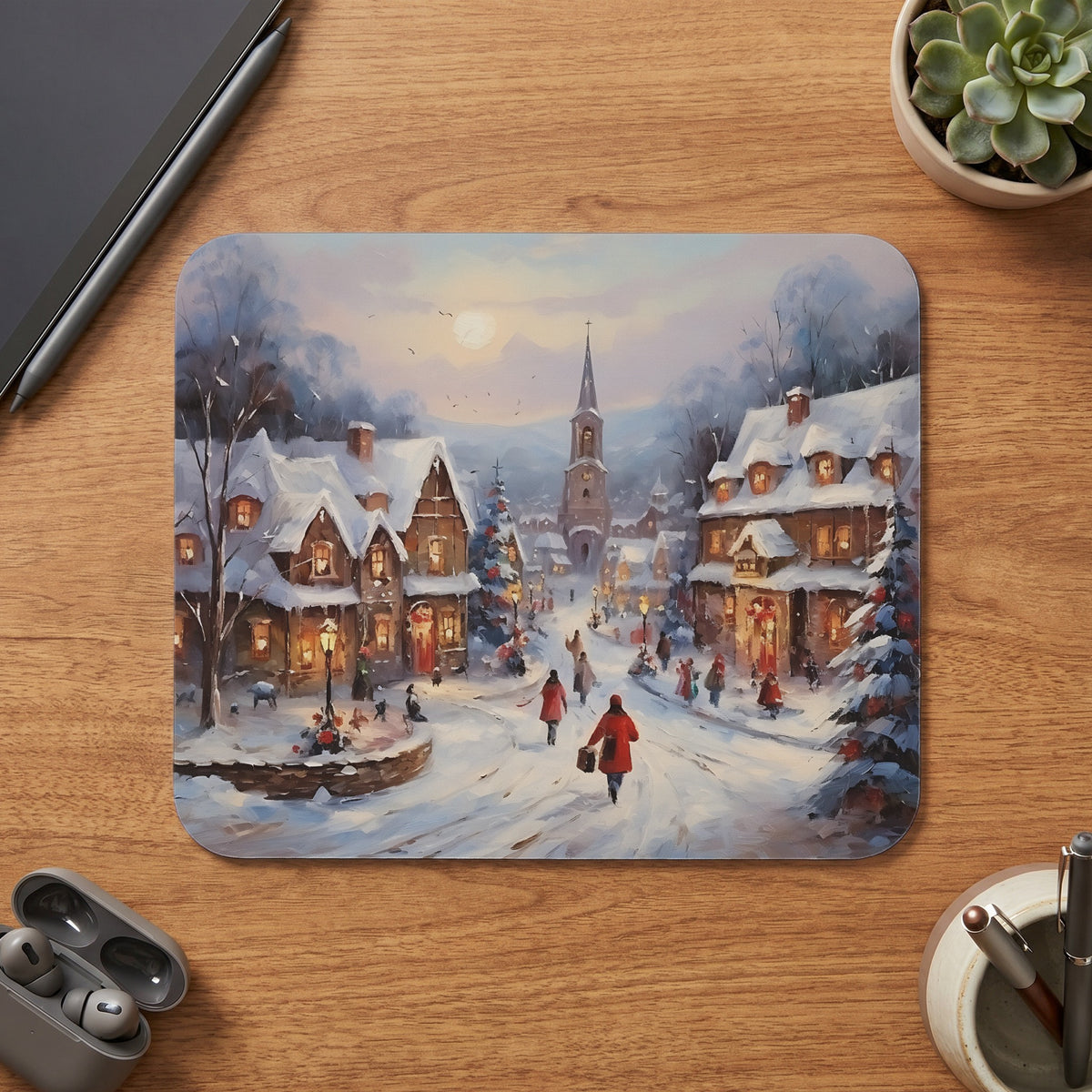 Winter village scene with snow-covered houses and people walking, painted style