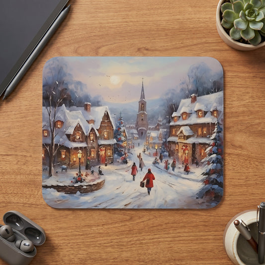 Winter village scene with snow-covered houses and people walking, painted style
