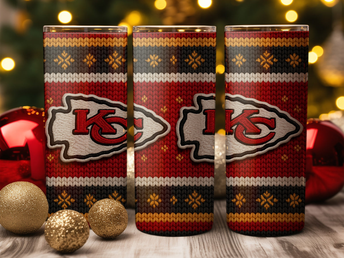 Three tumblers with Kansas City Chiefs logo and festive knit pattern.