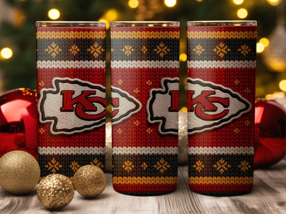 Three tumblers with Kansas City Chiefs logo and festive knit pattern.