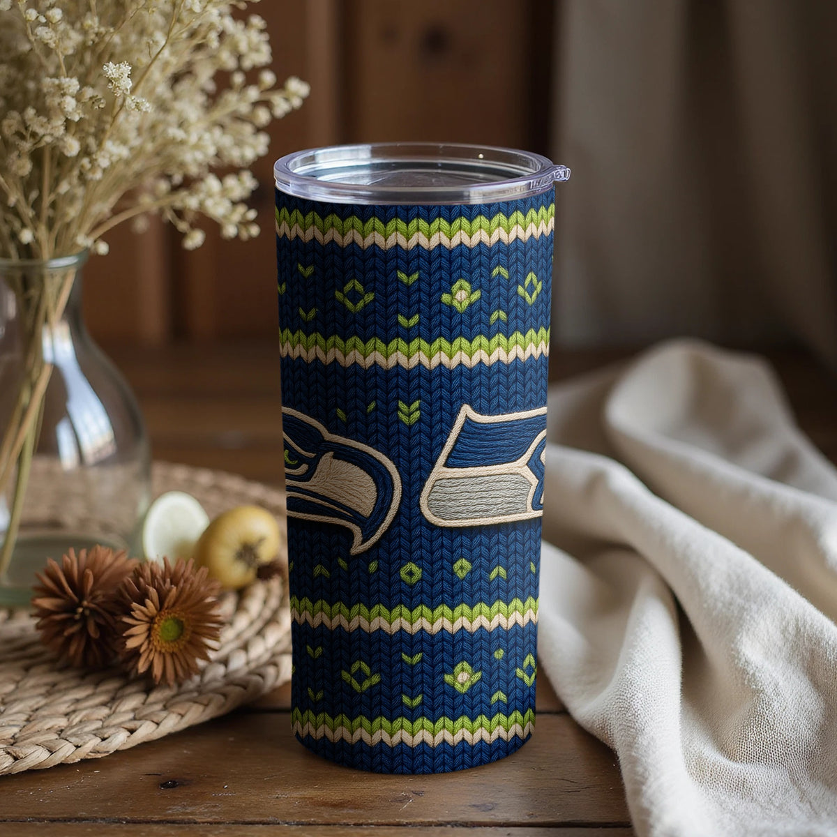 Seattle Seahawks ugly sweater pattern tumbler with logo.
