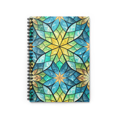 Spiral notebook with stained glass floral pattern in blue, green, and yellow.