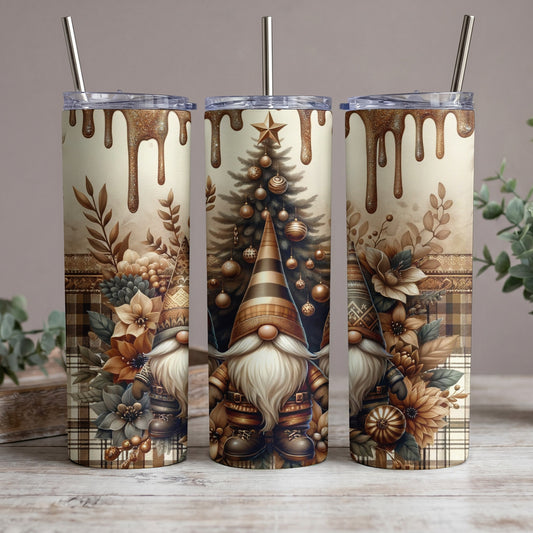 Three tumblers featuring gnomes, Christmas trees, and floral accents with plaid backgrounds.