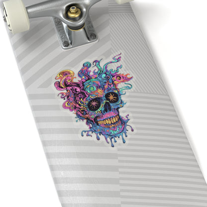 Colorful, abstract skull sticker with intricate details on a skateboard deck.