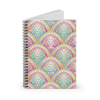 Spiral-bound notebook with a pastel stained-glass fan pattern cover.